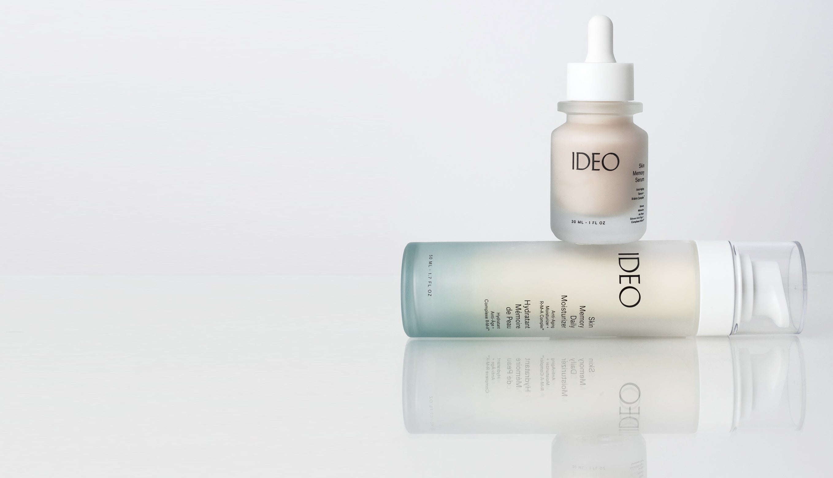 IDEO Skincare banner Intelligent woman looking towards light with spectrum of light on her eye