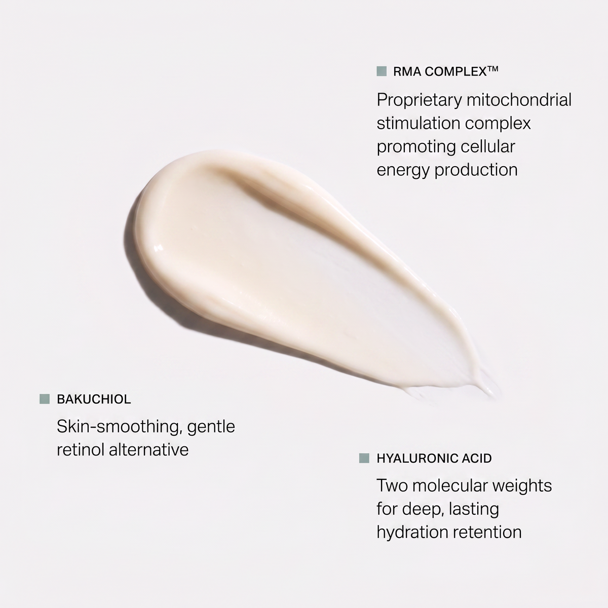 IDEO Skin Memory Daily Moisturizer ingredient highlight graphic showing RMA Complex Bakuchiol and Hyaluronic Acid