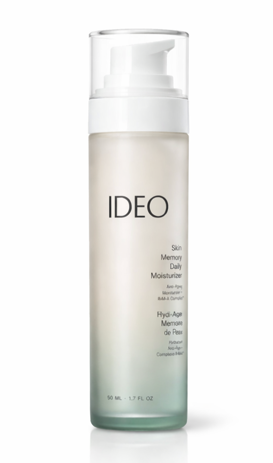 IDEO Skin Memory Daily Moisturizer frosted pump bottle on white background 50ml anti-aging moisturizer