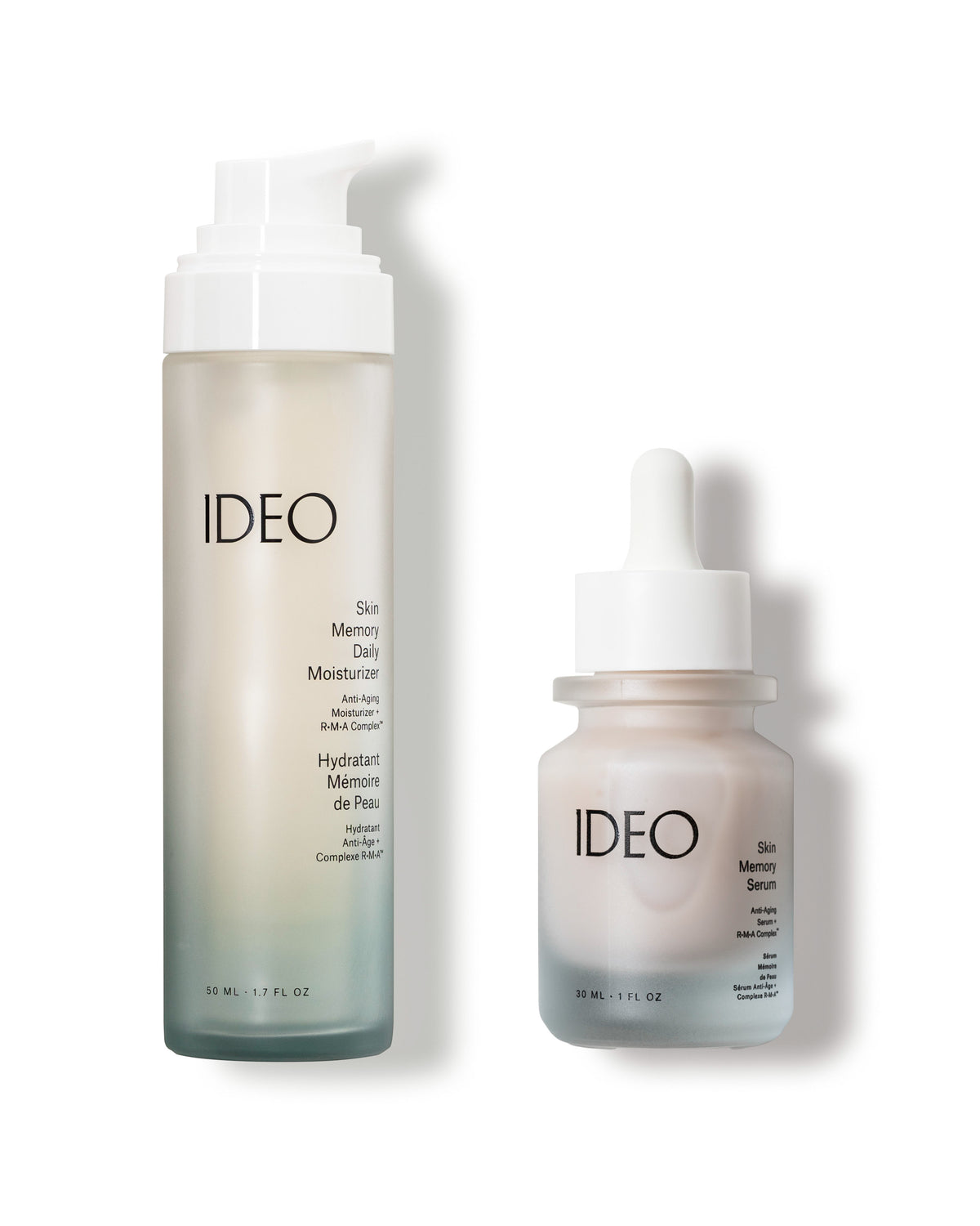 IDEO Skin Memory Daily Moisturizer pump bottle and Skin Memory Serum dropper bottle side by side on white background Power Duo product shot